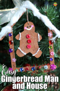 cardboard gingerbread man in craft stick gingerbread house ornament