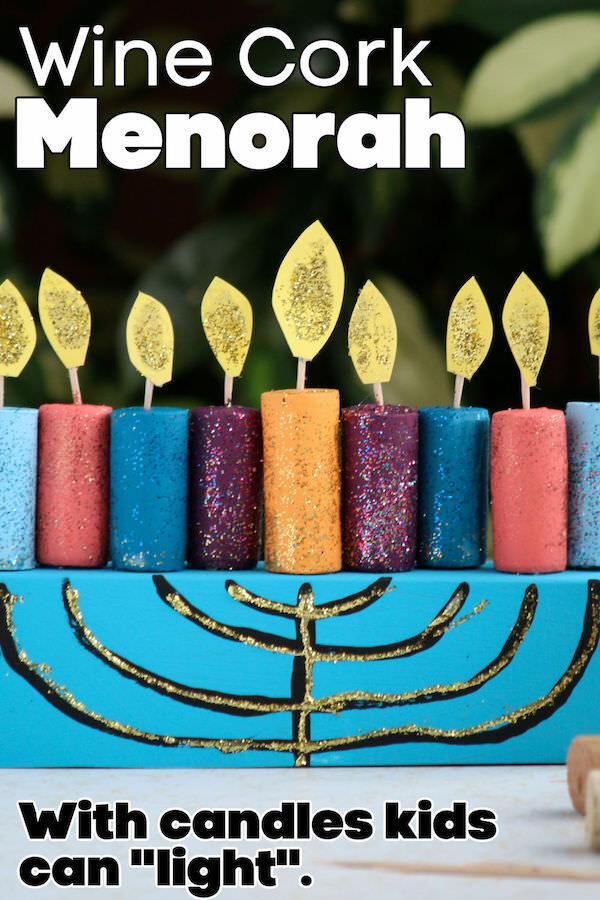 wine cork menorah craft with toothpick wicks and paper flames