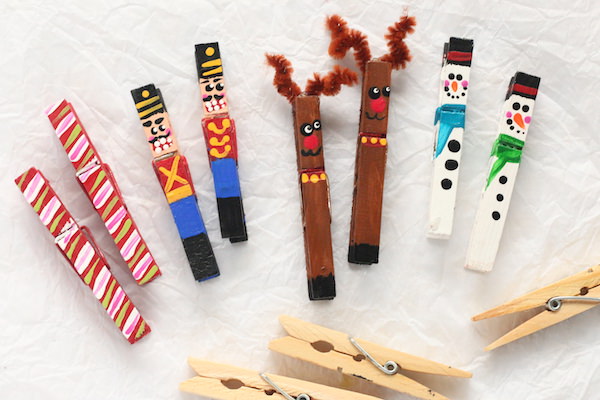 Painted Clothespin Christmas Ornaments on white background