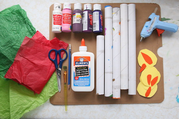 tissue paper, paint, glue, cardboard rolls, cardboard, glue gun