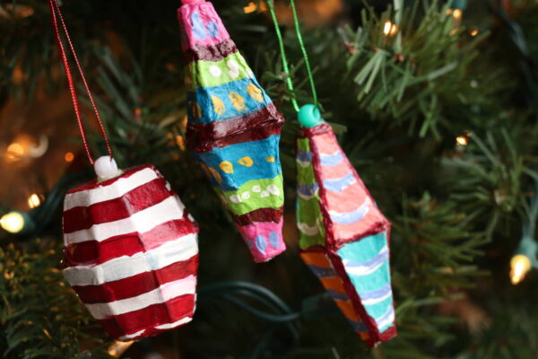 Horizontal shot egg carton ornaments on christmas tree