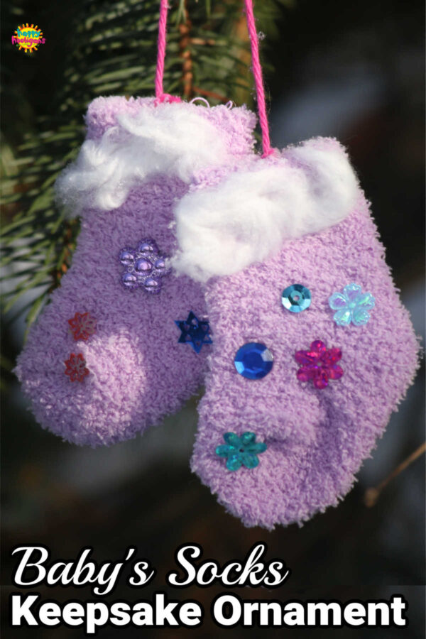 Baby Socks Keepsake Ornament made from pair of purple infant socks