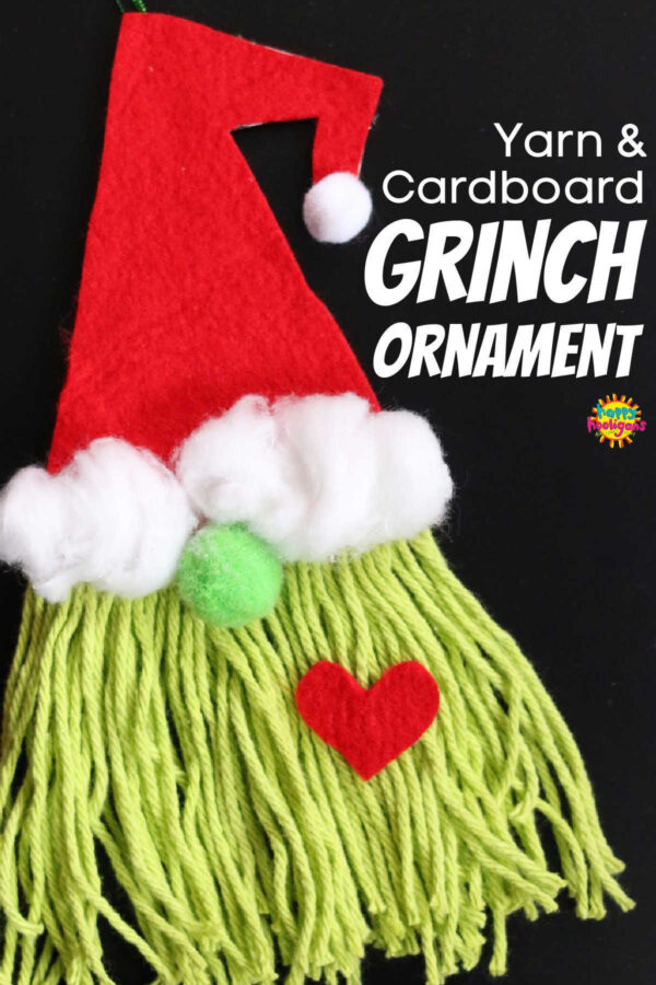 Grinch Gnome - felt hat with cotton ball trim, green yarn beard with red felt heart