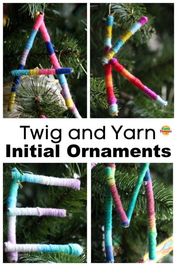 Collage of initial ornaments made from twigs wrapped with variegated yarn