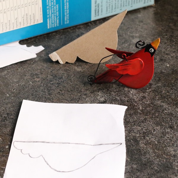 bird template, cereal box, cardboard bird and metal bird ornament