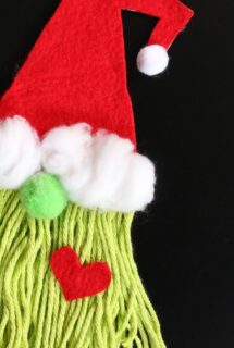 Close up Grinch Gnome face cropped black background