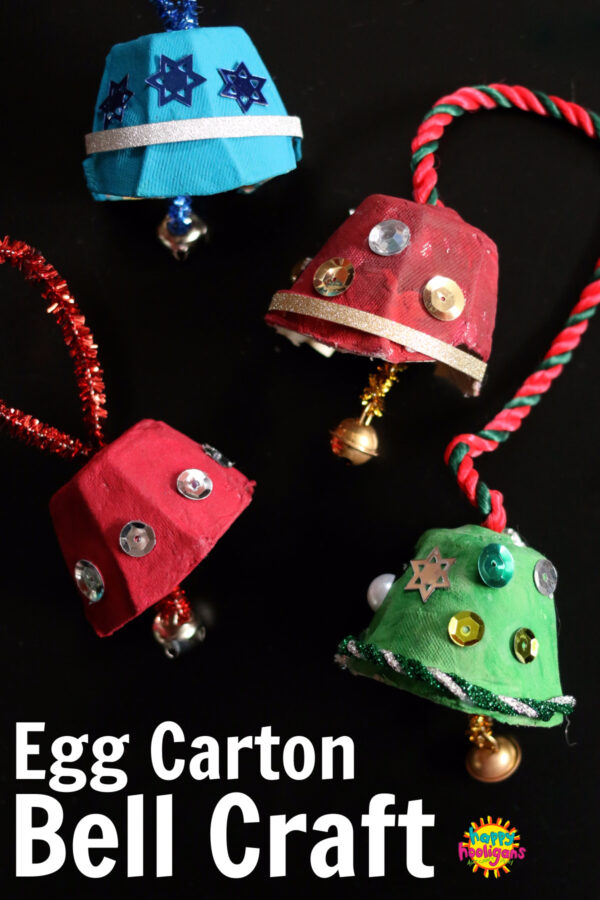 Egg Carton Christmas Bell Craft - red, blue and green bells