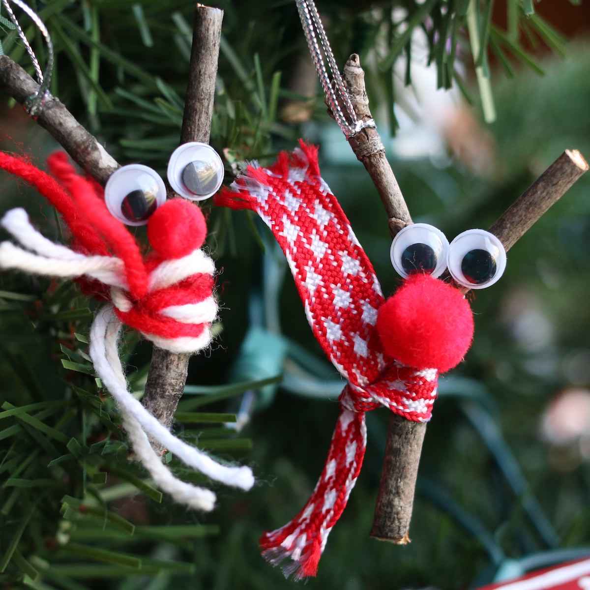 2 twig reindeer ornaments - yarn scarf and ribbon scarf
